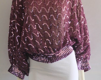 80's Vintage St. Martin Smoky Purple Batwing Sequin Blouse