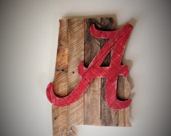 Alabama Crimson Tide decor, Alabama Roll Tide reclaimed wood wall decor, Alabama Crimson Tide Door hanger
