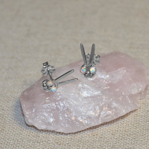 2mm Opal Stud Earrings Silver Rabbit - Earring Posts - Ear Studs - Cartilage Piercing - Helix Stud - Cartilage Stud - Simple Post Earings