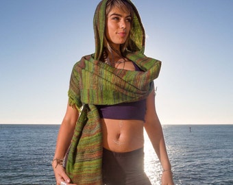 Hoodie Scarf (Green) - Gypsy Wool Kashmiri Hoddie Scarf Bohemian Hippie Style Tribal Stylish Warm Scarf