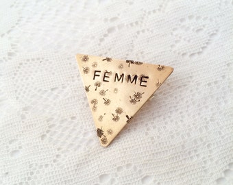 FEMME sparkles pin necklace, hand-stamped raw brass
