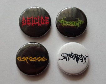 Four old school death metal pins Deicide Suffocation Carcass Gorguts pinback button
