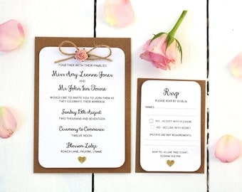 Rustic Rose and Gold Heart Wedding Invitation Set - Twine Bow