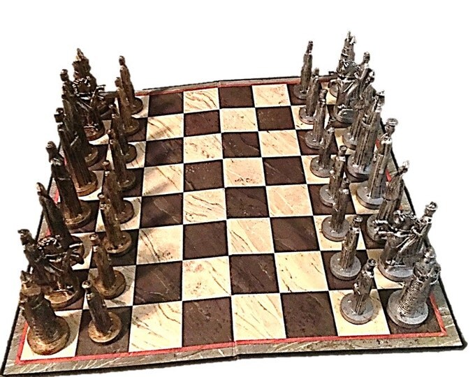 Vintage Gothic Sculptured Chess by Peter Ganine - RARE Silver and Gold Tournament Edition