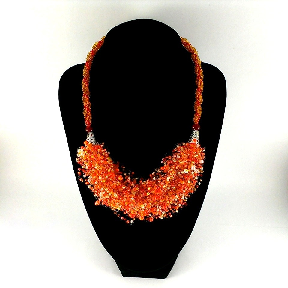 Orange necklace Bead crochet statement necklace Seed bead