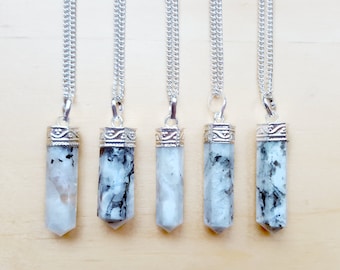 Moonstone necklace, crystal necklace, rainbow moonstone, boho jewelry, healing crystal point, witchy jewelry, grunge bohemian, layering
