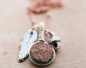 Fall Druzy and Leaf Necklace/ Rose Gold Druzy Fall Jewelry/Peter Pan Jewelry/ Bare and Me Fall Charm Collection/ Leaf and Acorn Jewelry