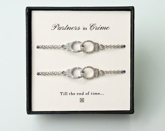 Partners in Crime - Set of 2 Silver Handcuff Charms Bracelets, Matching Best Friends/ Sisters/ Roommates/ Couples/ Bff Silver Bracelets Set