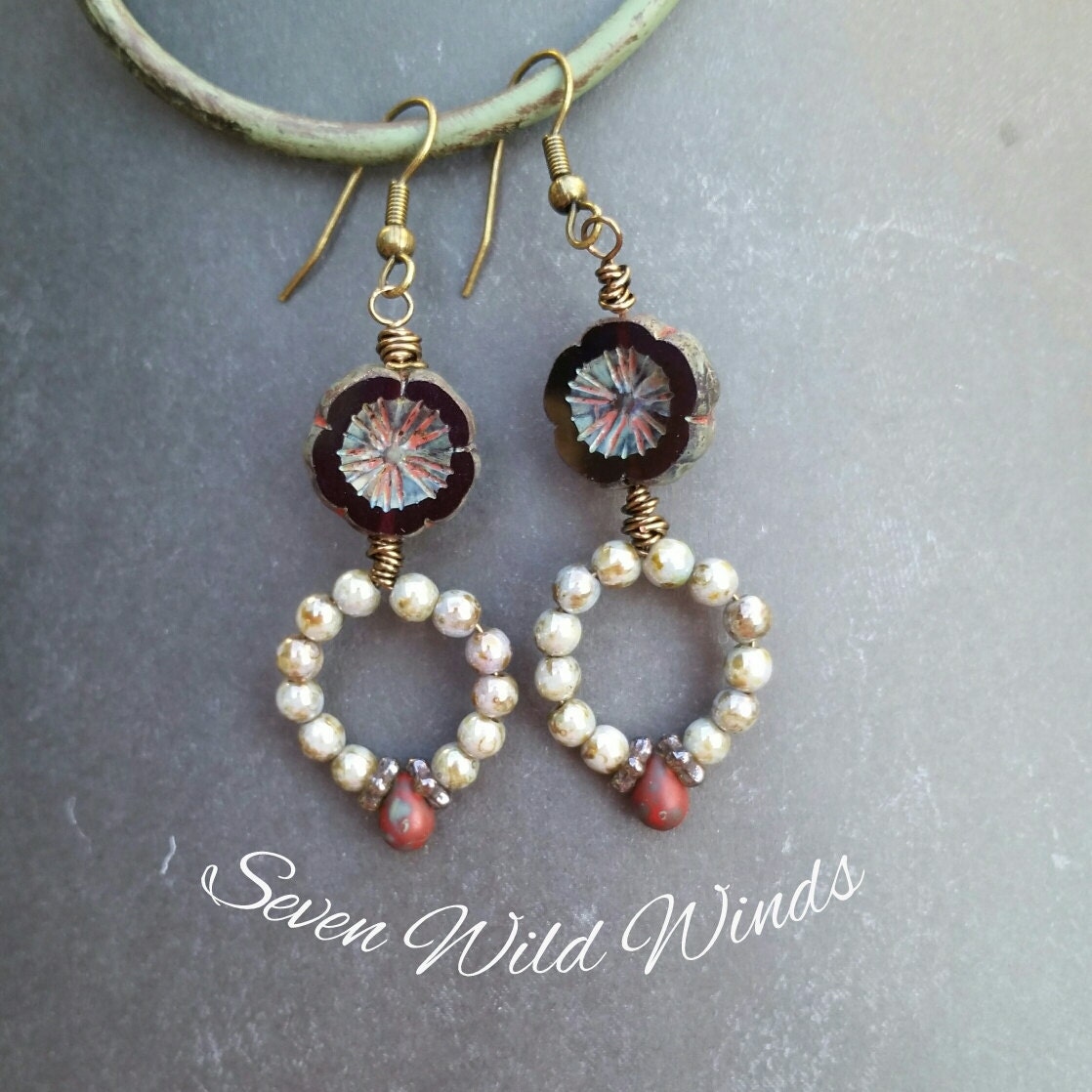 Amethyst Pansy Flower Earrings with Luster Beads by SevenWildWinds