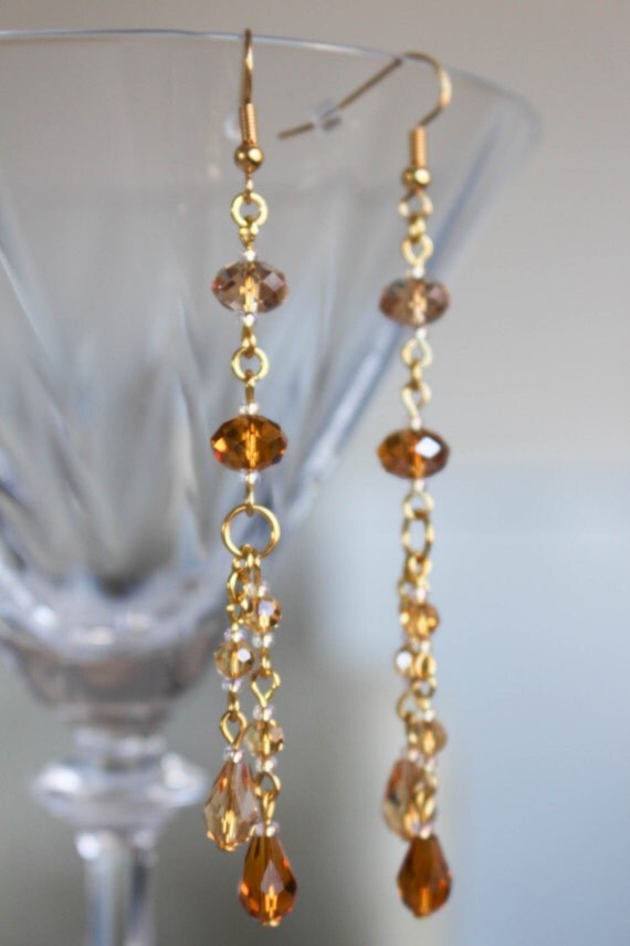 Golden dangle earrings glass teardrop gold plated hooks