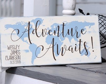 Adventure awaits map sign, Custom name and birth date sign, nursery decor, Hand painted wood sign, New baby gift, Measures 10.5 x 22"