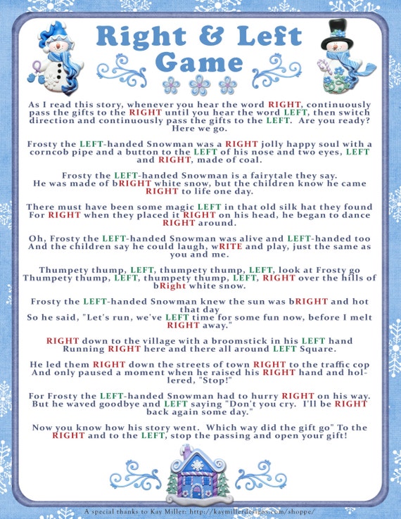 Winter Right and Left Story/Game. Baby or bridal shower game