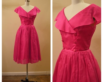 Vintage 1950's Emma Domb Silk Organza Magenta Pink party dress with Portrait Collar
