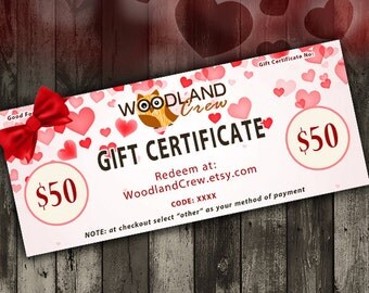 Gift Certificate 50 USD, Valentine's Day Gift, Woodland Crew Gift Certificate, Hearts Gift Card, Custom Gift, Surprise Gift
