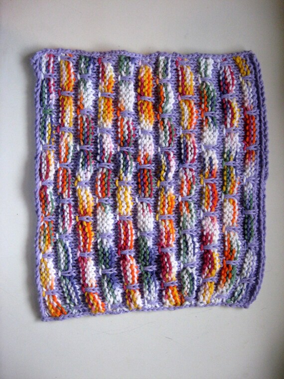 Hand Knit Cotton Lavender Colored Dishcloth with variegated