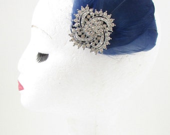 Navy Blue Silver Rhinestone Feather Fascinator Hair Clip Bridal Vtg 1920s 7AZ