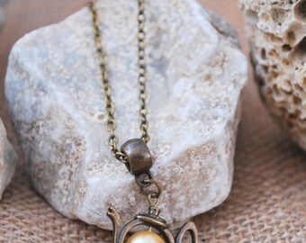 Teapot charm necklace, gold glass bead necklace, tea necklace, minimalist bronze tone necklace