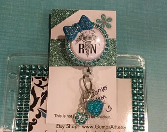 RN Badge Reel, teal rhinestone, bling lanyard, name tag Badges Holders,Unique Id name tags bling bow, key access card, security hospital