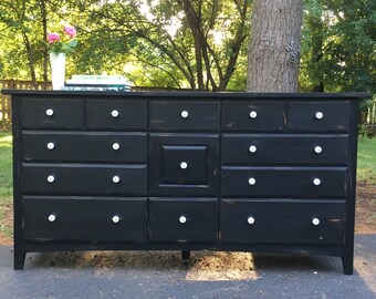 SOLD - Black Nine Drawer Low Dresser / Buffet / Sideboard / Distressed / Black and White / farmhouse / rustic / shabbychic
