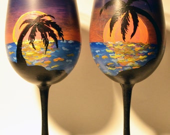 hand painted wine glasses-island sunset-set of 2