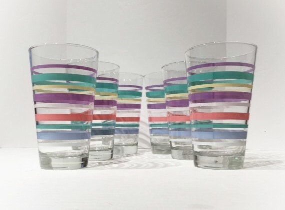 Set Of 6 Pastel Striped Tumblers Vintage Libbey Tall Glass