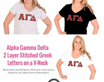 Alpha Gamma Delta Shirt . V-Neck . Two Layer Stitched Greek Letters