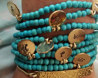 Turquoise Beaded Bracelet. Birthstone Bracelet, Personalized Initial Stamped Disc, Anniversary Gift, Turquoise Jewelry, Venexia Jewelry
