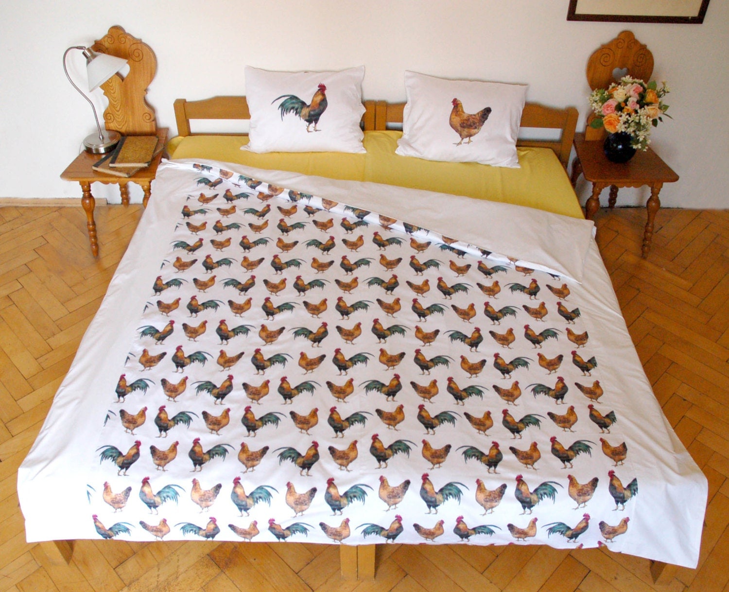 Handmade rooster&hen bedding chicken bedsheets