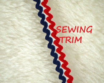 1 YARD, 1950s Vintage, RED White Blue 1/2 Inch, Double Rick Rack Sewing Trim, Stripes, L155