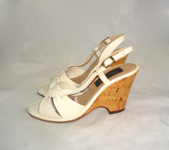 70s 80s White Leather Sandals Cork Wedge Heels Unused Size 8 M