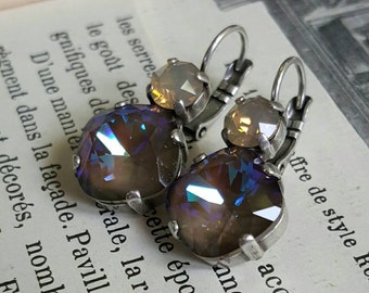 COCOA – Swarovski Ultra Cocoa AB 12mm square cushion cut with ss39 Sand Opal, silver oxidized lever backs