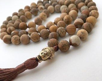 Mala Necklace, Picture Jasper Necklace, Matte Necklaces, Hand Knotted Necklace, Hand Knotted Mala, Meditation Jewelry, Buddhist Necklace