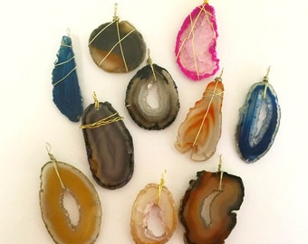 Lot of 5 Agate Slice Pendants - Handmade Wire Wrapped Brazilian Agate Necklaces
