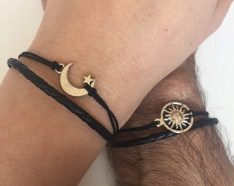 Couples Bracelets 298- friendship love cuff moon and sun bracelet leather braid gift adjustable current trendy innovative