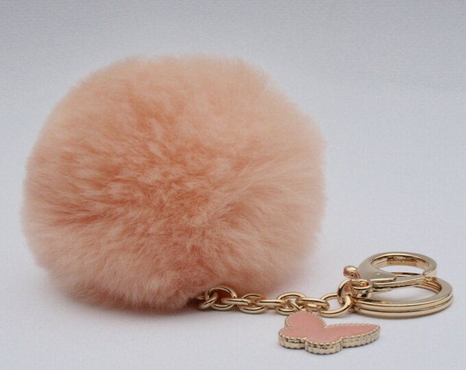 Butterfly Collection Peach fur pom pom keychain REX Rabbit fur pom pom ball with butterfly charm