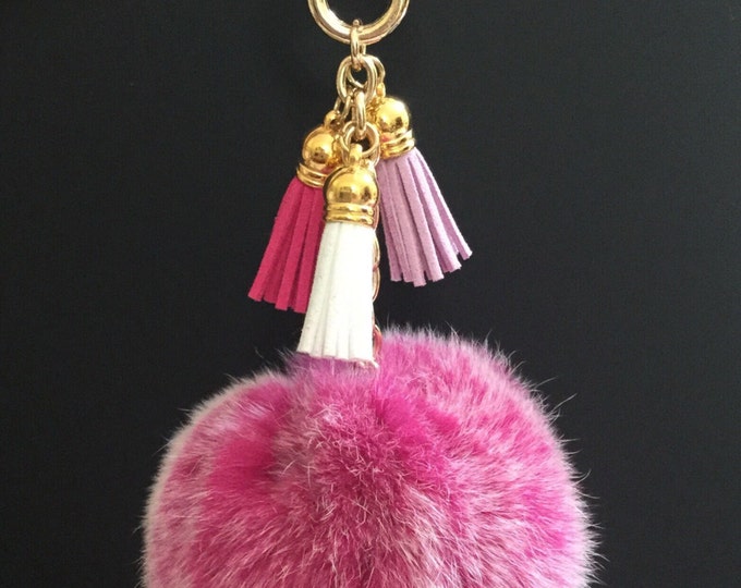 Hot Pink Frost Rex Rabbit Fur Pompon bag charm pendant Fur Pom Pom keychain with 3 suede tassels