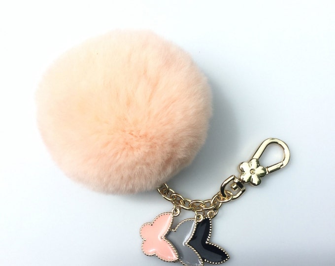 Peach Rex Rabbit Fur Pompon bag charm pendant Fur Pom Pom keychain with 3 butterfly charms