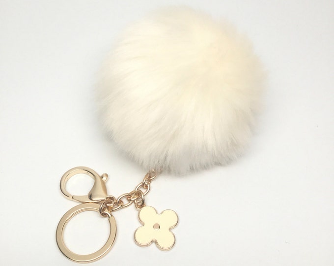 Faux White Fur Pom Pom bag Keyring keychain pom pom puff ball