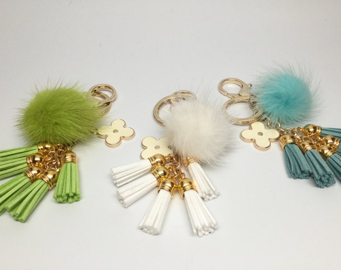 Cute Genuine Mink Fur Pom Pom Keychain with suede tassels and flower charm in White