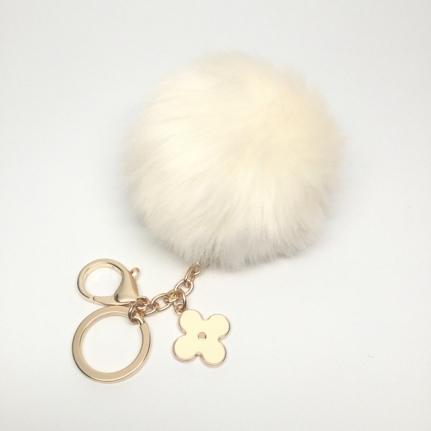 Faux White Fur Pom Pom bag Keyring keychain pom pom puff ball