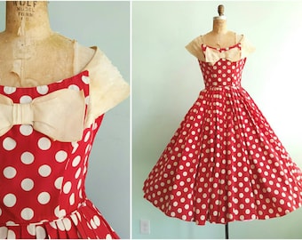 RESERVED || Vintage 1950s Fred Perlberg Red Polka Dot Party Dress | Size Small