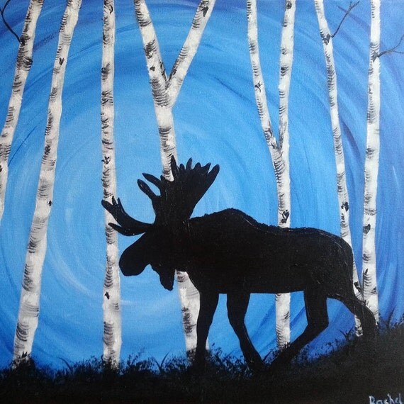 Silhouette of a Moose in a grove of white birch trees acrylic