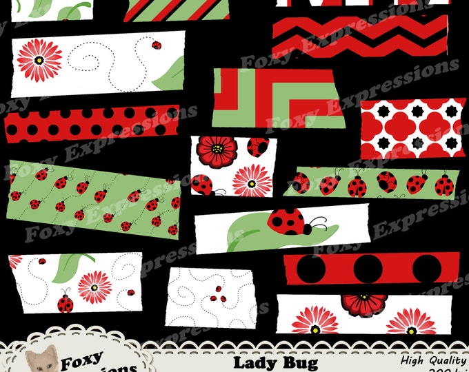 Lady Bug washi tape comes in Red, Black, White, and Green. Designs include Lady Bugs, Flowers, Leaves, Swirls, Chevron, Polka Dots & more