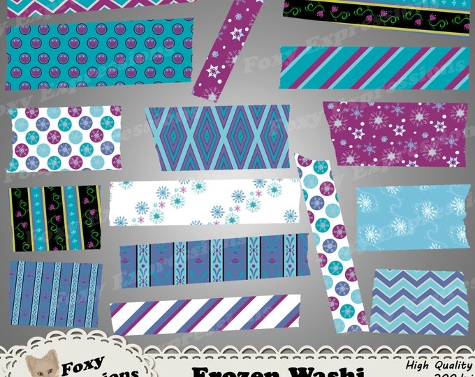 Frozen Digital Washi Tape comes in Anna and Elsa dress patterns, snowflakes, stripes, and polka dots in shades of blue, purple white & black