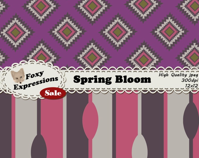 Spring Bloom Digital Paper Pack comes in stripes, polka dots, checkers, chevron, flowers, scales and spoons. Purple, pink,cream,gray & green