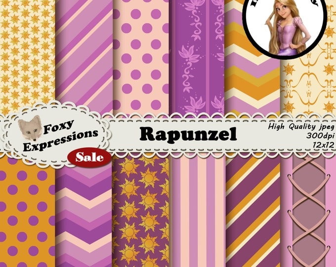 Rapunzel Digital Paper pack inspired by Tangled comes in dress patterns, lantern patterns, and the kingdoms suns. In pink, purple and yellow