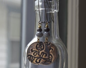 Floral Embossed Brass and Glass Bead Mixed Metal Earrings