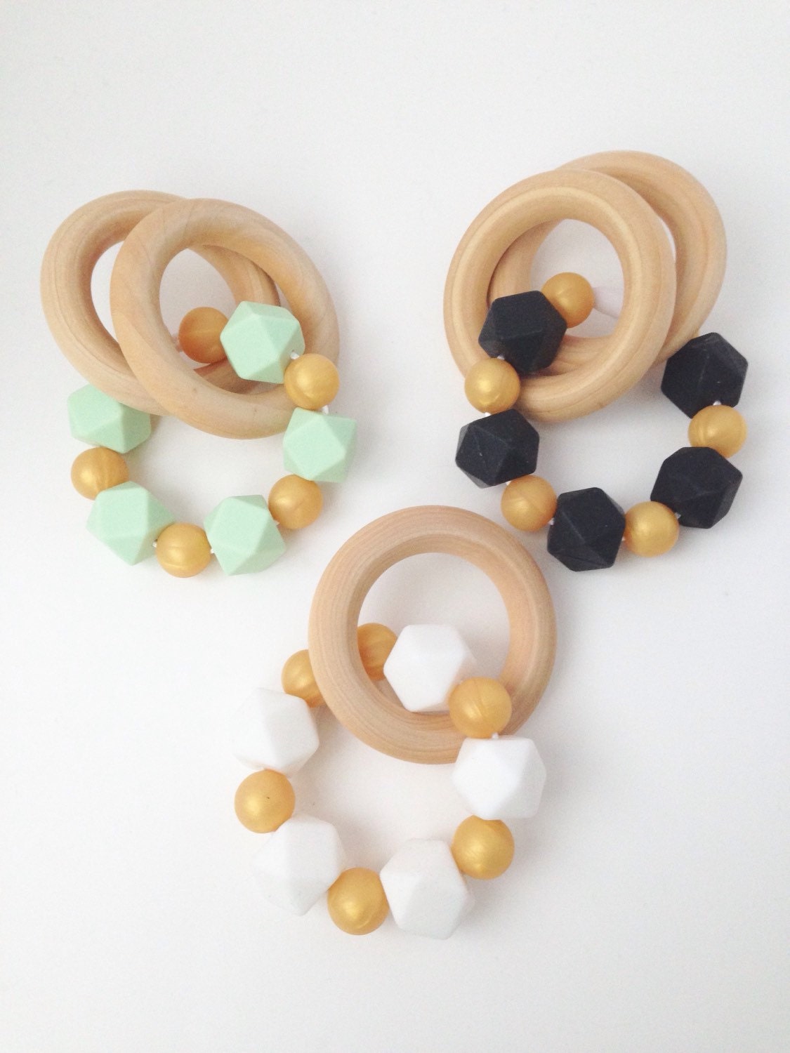 Gold Silicone Teething Ring Wooden Teether Infant Rattle