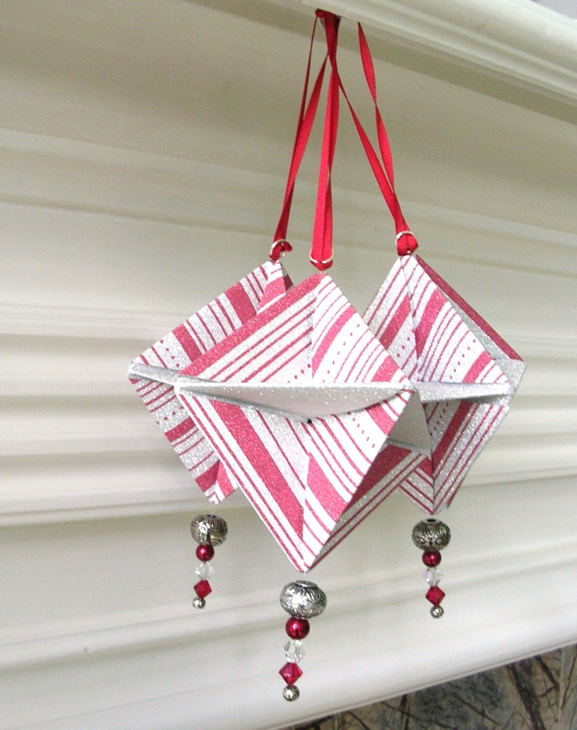 Origami Christmas Ornaments Handmade Silver Red Christmas