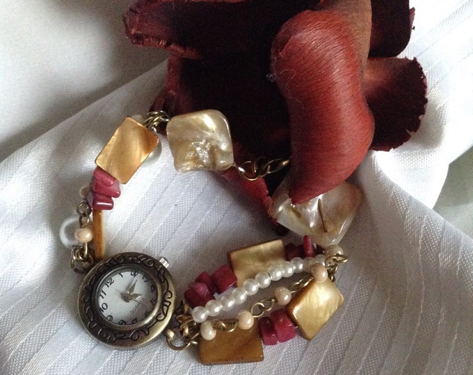 Cranberry\ Golden Brown Mother of Pearl Necklace and Watch Set (also sold seperately)
